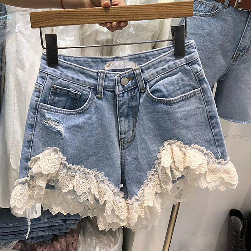 Lace Stitching Denim Shorts Women Summer New Fashion Hole Personality High Waist Wide Leg Shorts s232