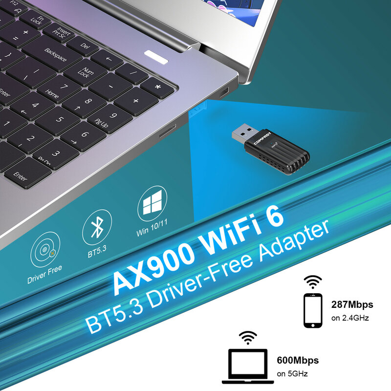 واي فاي 6 محول واي فاي dax900 ، G و 5GHz ، 5.3 Mbps ، btps ، بلوتوث واي فاي بدون محرك ، WPA3 ، WPA3
