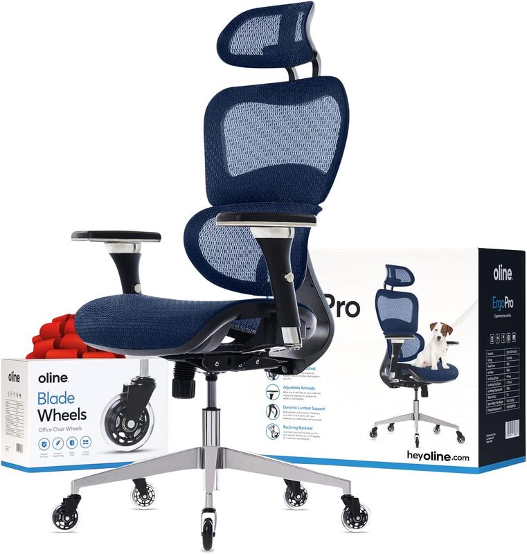 كرسي مكتب مريح من Oline-ErgoPro ، مكتب دوار ، مسند ذراع قابل للتعديل رباعي الأبعاد ، دعامة قطنية ثلاثية الأبعاد ، عجلات نصل ، شبكة