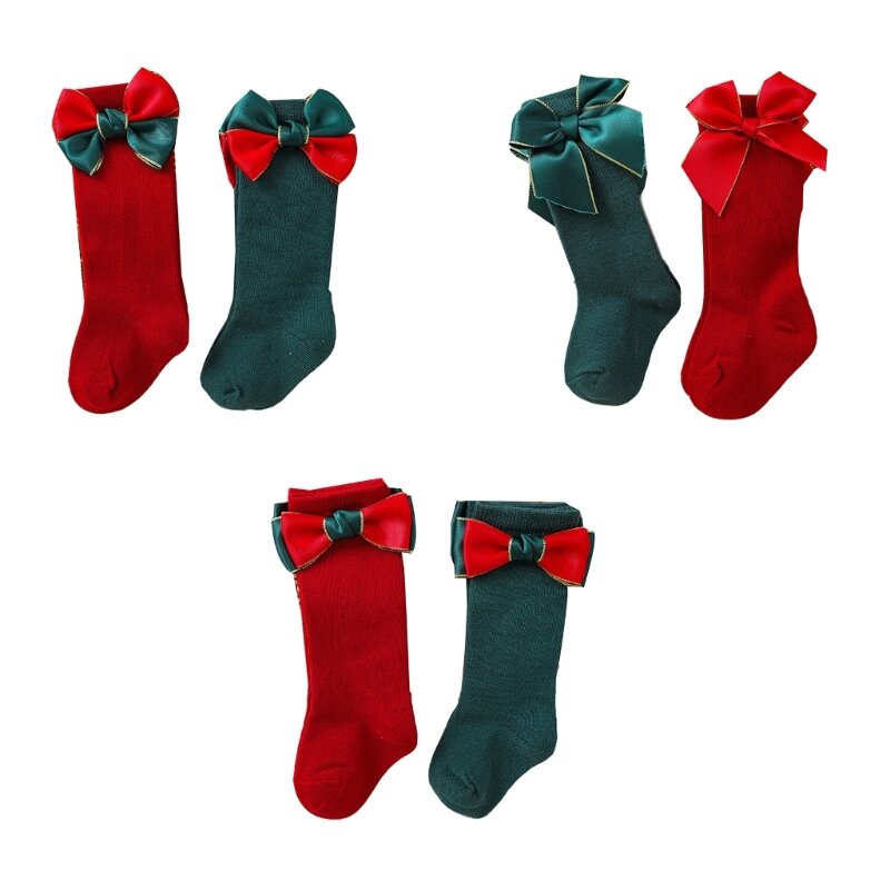 الأطفال Bowknot الجوارب عيد الميلاد الأقواس الكبيرة الطفل الجوارب أحمر أخضر متوسط ​​الطول في جوارب أنبوبية مريحة لمدة 0-3 سنوات