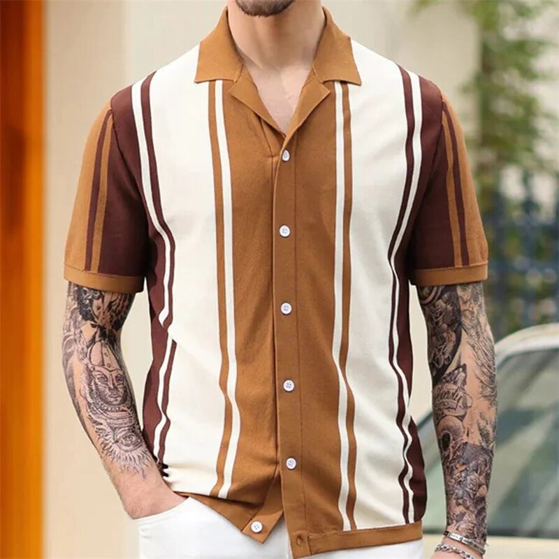 قمصان بولو للرجال محبوكة بطية صدر ، مرقعة بألوان متباينة ، ملابس عمل غير رسمية ، أزياء رجالية ، تي شيرت صيفي ، أو