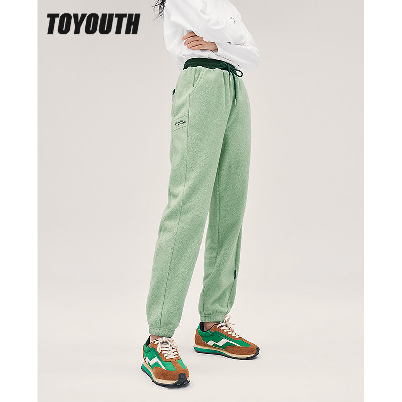 Toyouth النساء الصوف Sweatpants 2022 الشتاء الرباط مرونة الخصر مستقيم طويل بنطلون البحرية الخضراء الدافئة بنطلون رياضي غير رسمي