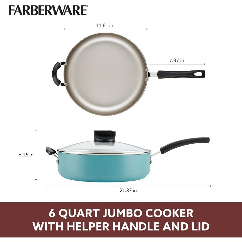 Farberware-طباخ جامبو بتحكم ذكي غير لاصق ، مقلاة بخار بغطاء ومقبض مساعد ، أكوا ، 6 كوارت