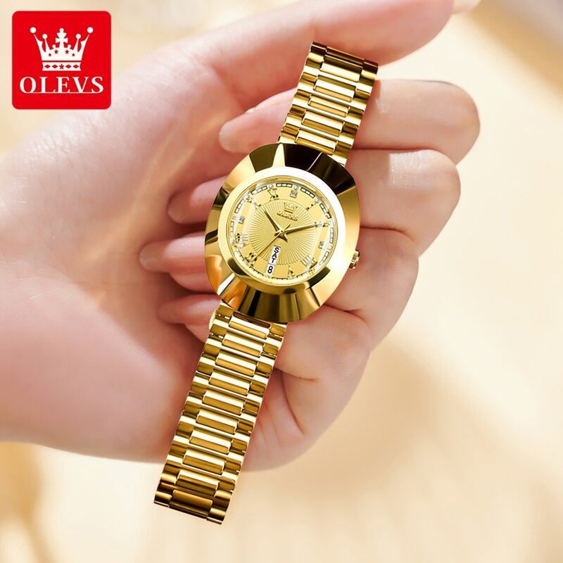 OLEVS-ساعة كوارتز ذهبية فاخرة من الفولاذ التنغستن للنساء ، حزام من الفولاذ المقاوم للصدأ ، مقاومة للماء ، علامة تجارية للأزياء