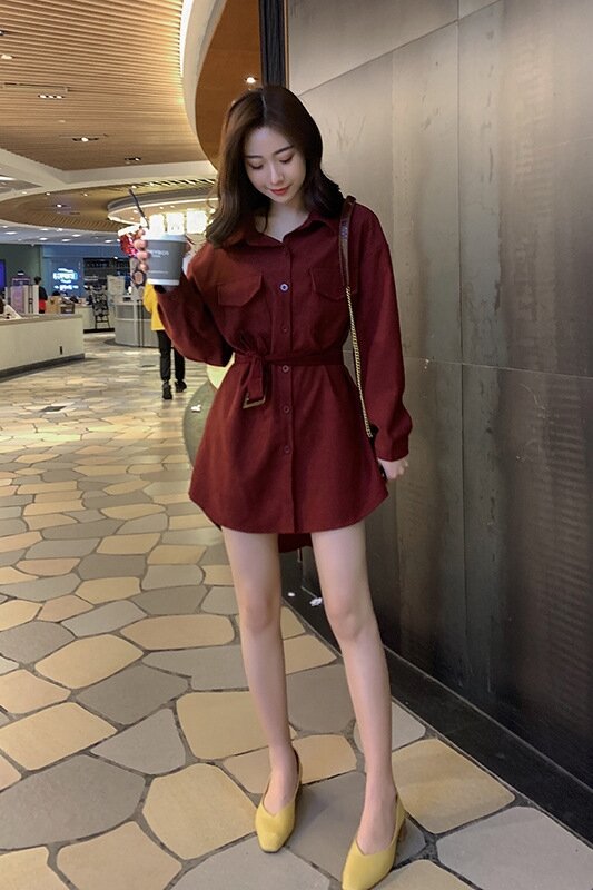 خريف 2021 معطف طويل الأكمام الكورية المرأة التلبيب واحدة الصدر ضئيلة الخصر سترة أنيقة موضة مع حزام قميص فستان