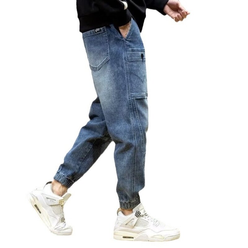 جينز رجالي مطاطي ، أساور قابلة للتقلص ، جينز غير رسمي ، جيوب متعددة ، دينم هيب هوب ، بنطلون ركض ، ملابس الشارع
