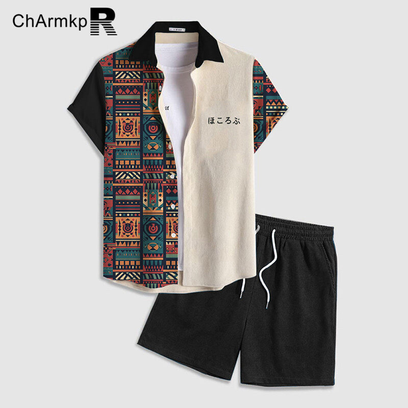 Charmkpr-أطقم رجالية من قطعتين قميص مطبوع وشورت ، ملابس الشارع قصيرة الأكمام ، بدلة الموضة ، ملابس الصيف ، ومناظر
