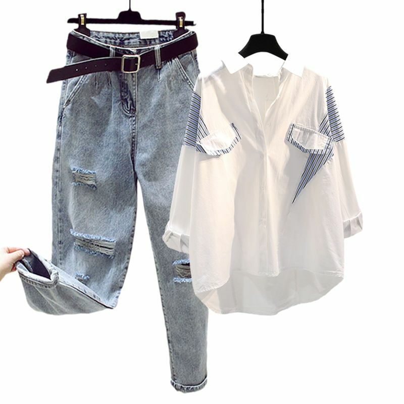 طقم جينز نسائي ضيق من قطعتين ، قميص على الطراز الغربي ، متعدد الاستخدامات ، موسم الربيع والخريف ، جديد ،