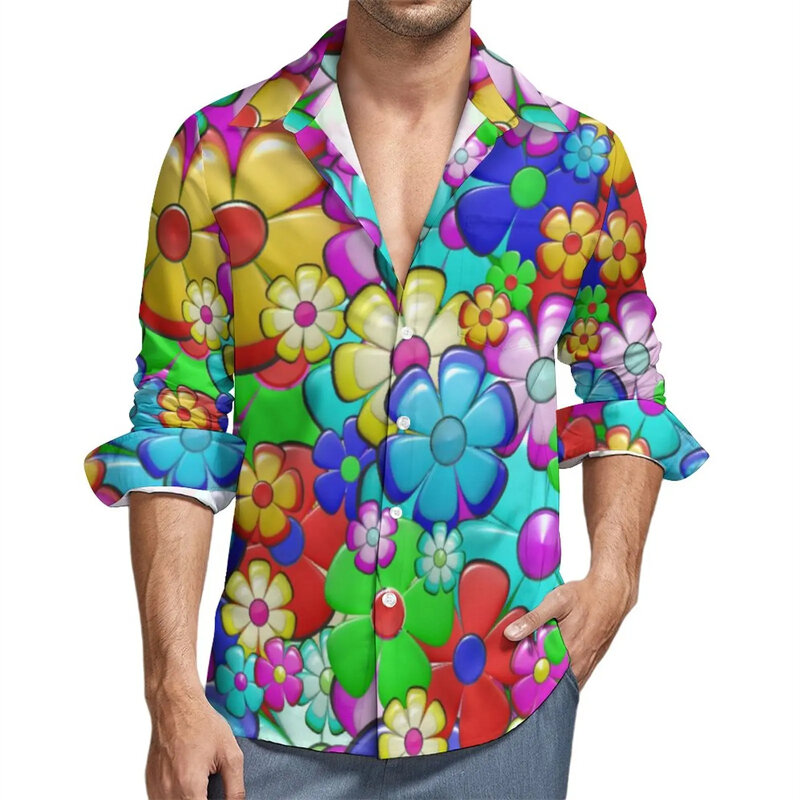 قميص رجالي كاجوال بأكمام طويلة ، زهرة ملونة ، طباعة ثلاثية الأبعاد ، قمم بأزرار مريحة ، موضة الشارع