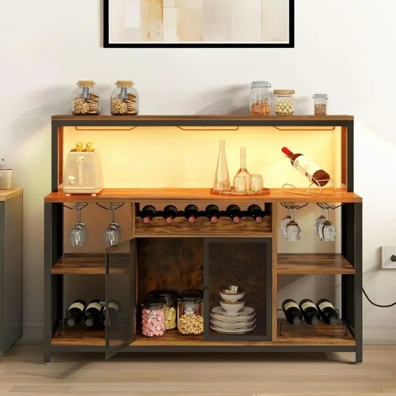 خزانة بار نبيذ القهوة مع مصباح ليد ، خزانة خمور مع تخزين للمنزل ، خزانة بوفيه صناعية ، طاولة بار 55"