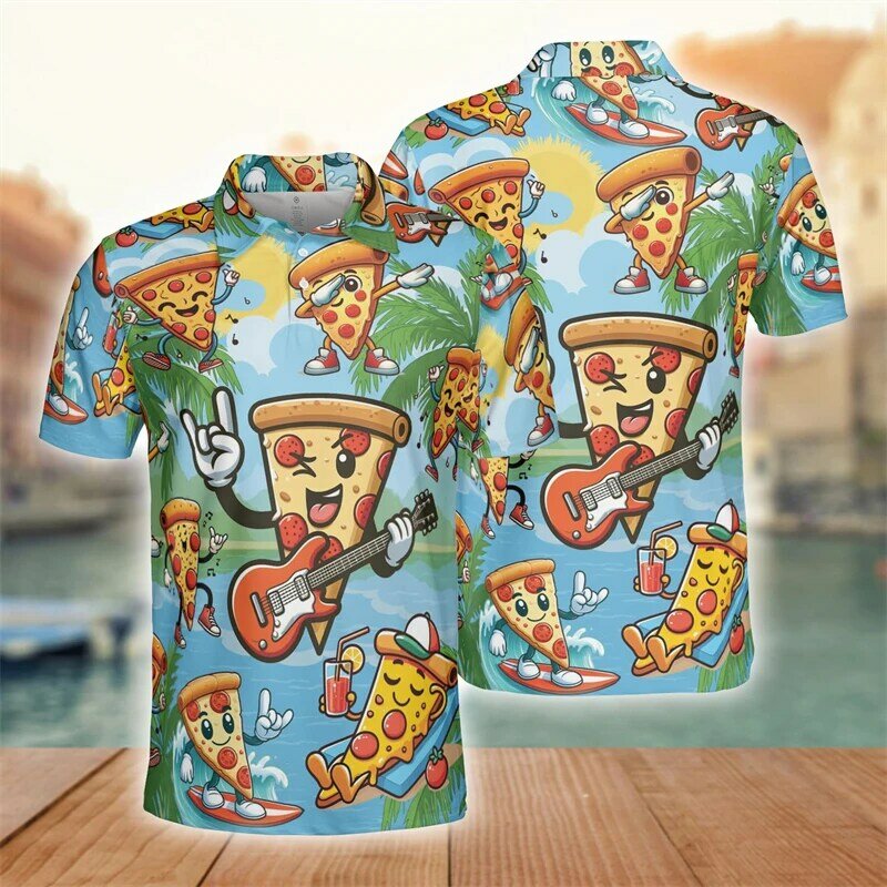 قميص بولو للشاطئ بأكمام قصيرة للرجال ، تصميم أزياء ، بيتزا مطبوعة ثلاثية الأبعاد ، هاراجاكو ، حيوان ، هاواي ، عطلة ، قمم للرجال ، ملابس