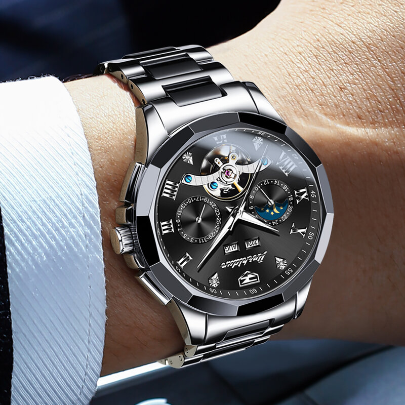 JSDUN-ساعة أوتوماتيكية من العلامة التجارية الأصلية للرجال ، مقاومة للماء ، عالية الجودة ، ساعة يد ميكانيكية ، ساعات سيراميك كلاسيكية ، تاريخ ، جديد