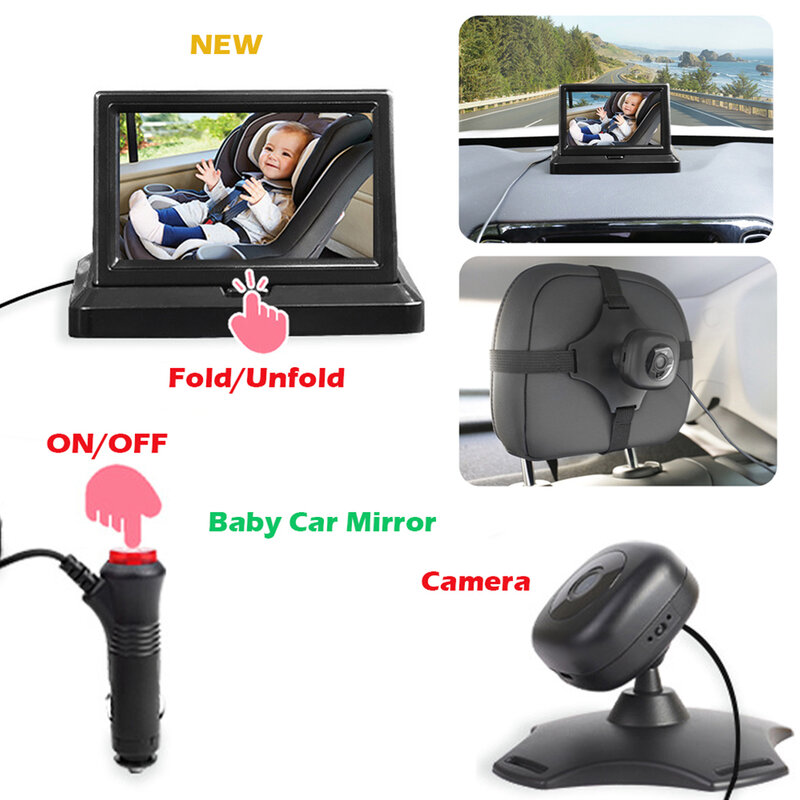 مرآة سيارة عالية الوضوح للطفل ، كاميرا مقعد السيارة ، أداة ساعة السلامة الرضع ، 4-3 "، جهاز مراقبة المهنة ، المهنية