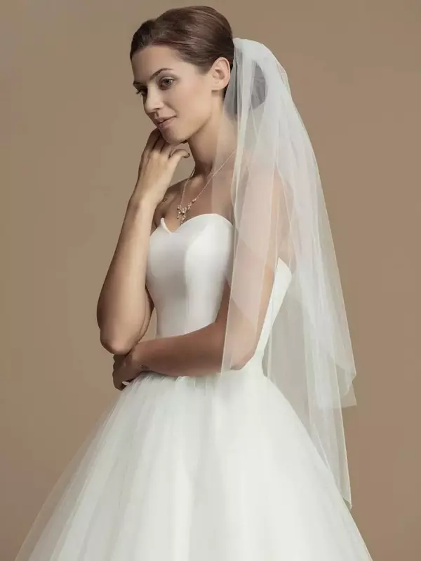 حجاب زفاف أبيض عاجي ، زفاف قصير بأطراف الأصابع ، تول مع مشط ، حافة مقصوصة ، Velos De Novia Largos ، 2 طبقات