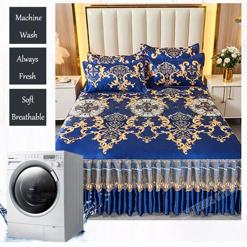 الحديث الملكي الأزرق المفرش مجموعة ، تنورة السرير ، آلة قابل للغسل ملاءات ، شريط مرن ، الملكة ، الملك الحجم ، 3 قطعة