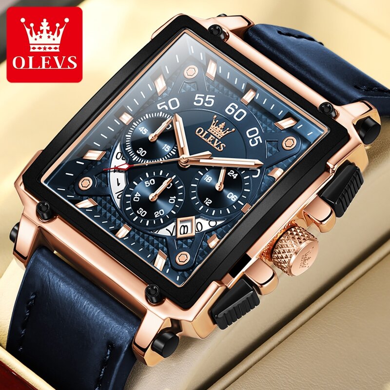 ساعة كوارتز مربعة زرقاء من OLEVS للرجال ، حزام جلدي ، كرونوغراف ، ساعات رجالية ، أزياء فاخرة ، علامة تجارية مشهورة