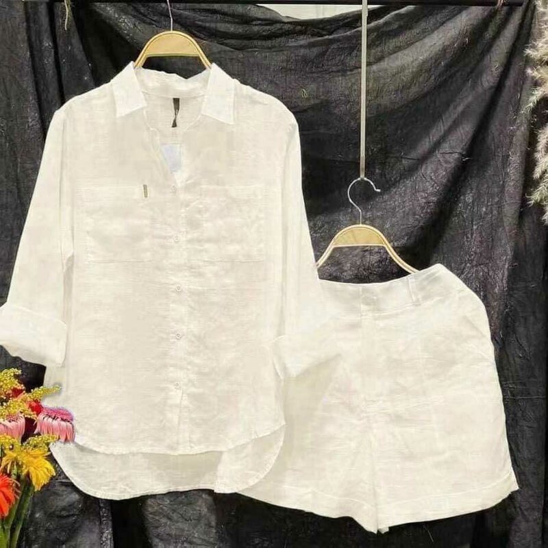 قميص أبيض طويل الأكمام للنساء ومجموعة السراويل ، والكتان القطن ، والأزياء المنزلية عادية ، والصيف ، 2023