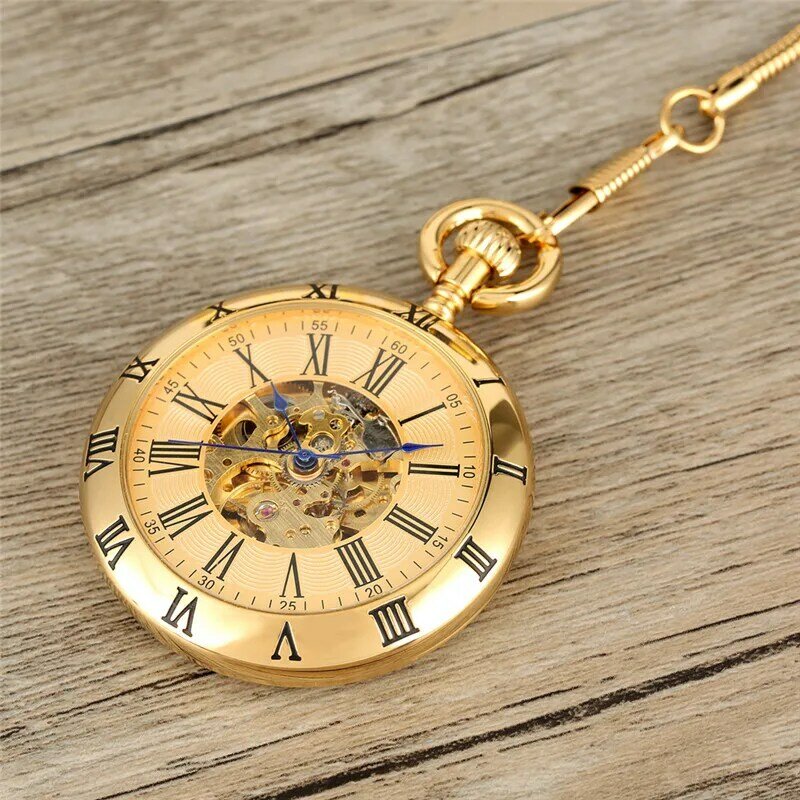 ساعة جيب آلية ميكانيكية للرجال والنساء ، أرقام رومانية ، ذهبية وفضية ، وجه مفتوح ، قلادة ، ساعة سلسلة ، ساعات هيكل عظمي ، هدية