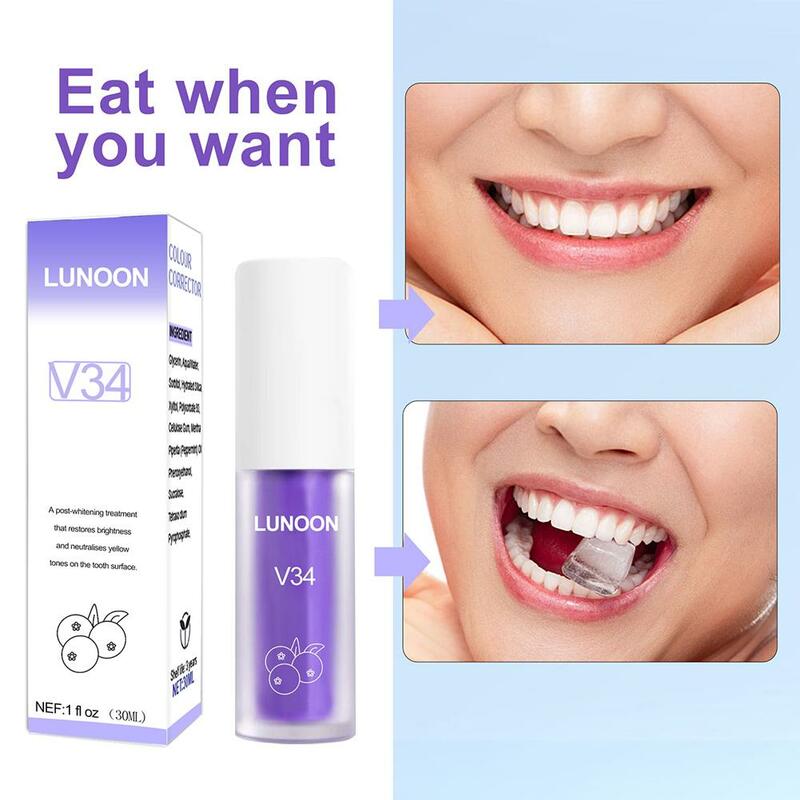 V34 الأرجواني تبييض الأسنان معجون الأسنان ، 30 مللي النظافة ، تنظيف الأسنان ، الأسنان الصفراء ، بقع الفم ، Rem B0B9 ، دروبشيب