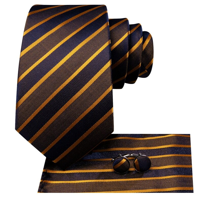 ربطة عنق أنيقة مخططة باللون الأسود والذهبي للرجال ، علامة تجارية للأزياء ، ربطة عنق لحفلات الزفاف ، أزرار أكمام يدوية ، أعمال البيع بالجملة