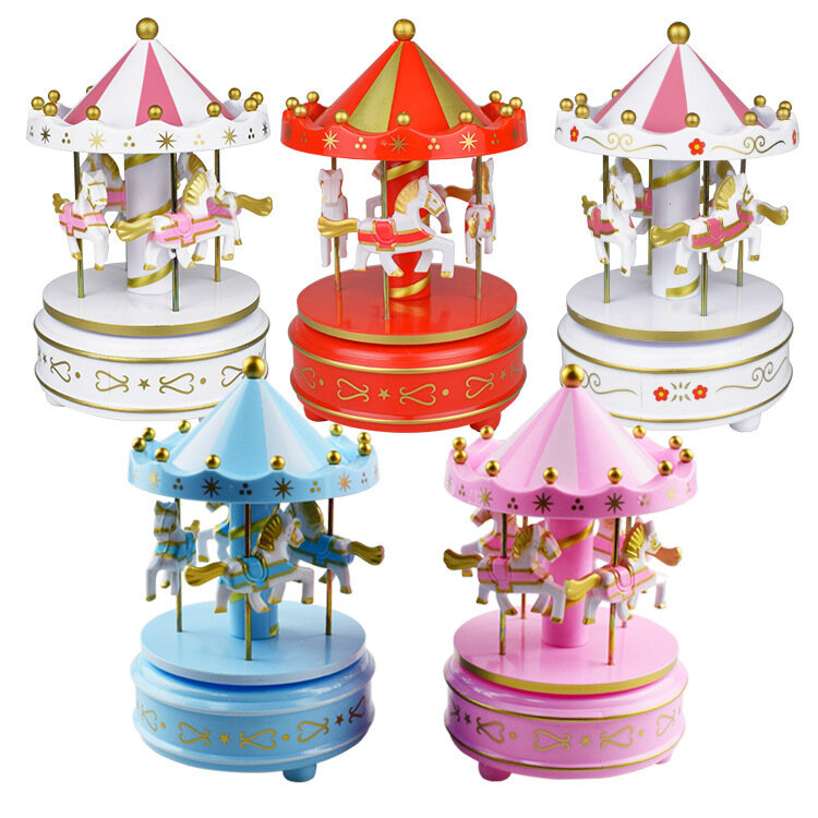 Merry-Go-Round خشبية صندوق تشغيل الموسيقى لعبة الطفل الطفل لعبة ديكور المنزل دوامة الخيل في الملاهي صندوق تشغيل الموسيقى عيد الميلاد الزفاف هدية عيد ميلاد