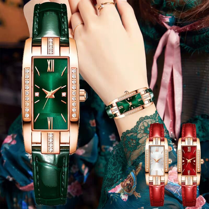 WOKAI جودة عالية الكلاسيكية الرجعية المرأة حزام الكوارتز مربع الأخضر ساعة كوارتز طالب ساعة نسائية ارتداء نمط الفاخرة
