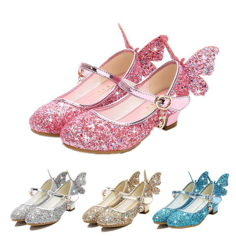 الأميرة فراشة الأحذية الجلدية الاطفال الماس Bowknot عالية الكعب الأطفال فتاة الرقص بريق أحذية موضة بنات حفلة الرقص حذاء