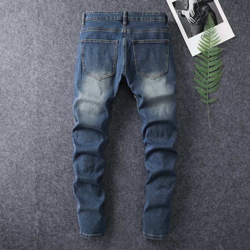 جينز مطوي للدراجات النارية للرجال ، مناسب للجسم ، أقدام صغيرة ، كلاسيكي وحنين ، كاجوال للشارع ، سراويل جينز مرنة