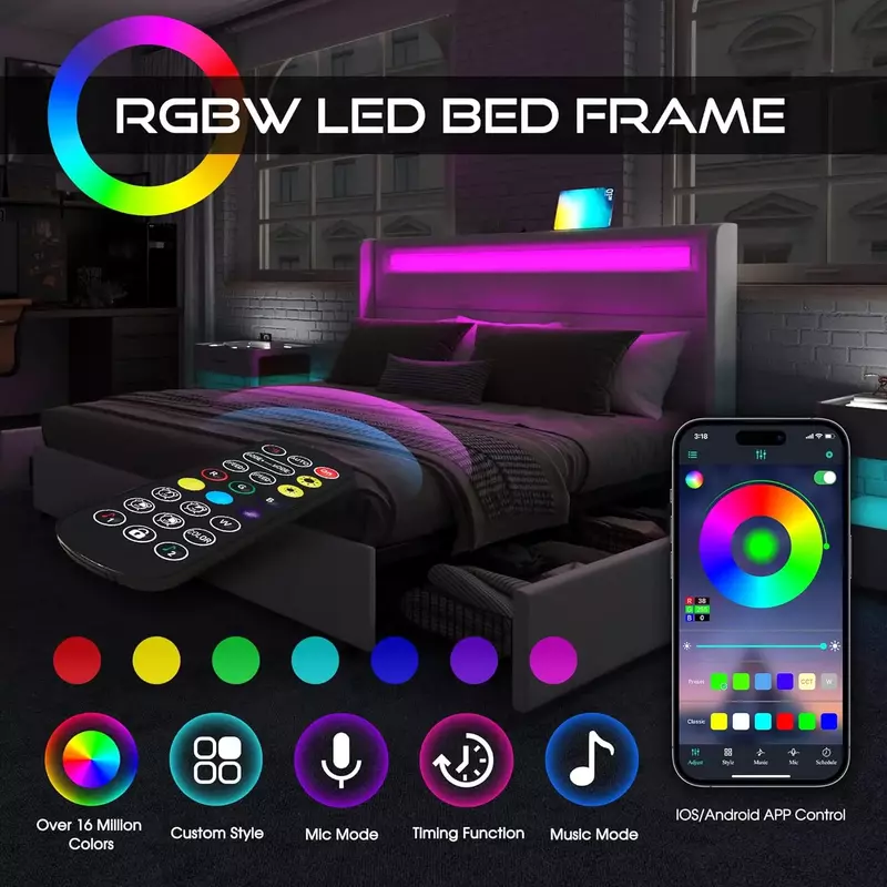 إطار سرير كينج مع مصابيح LED RGBW ، 4 أدراج تخزين ، منصة ذكية منجدة ، منفذ USB ومنافذ