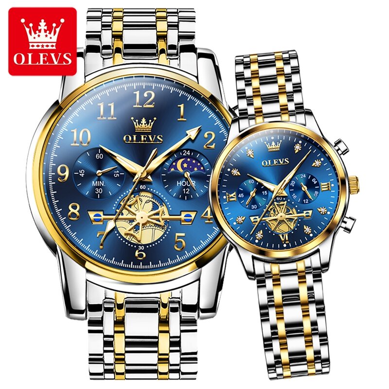 ساعة يد OLEVS-Tourbillon كوارتز فاخرة ، فولاذ مقاوم للصدأ ، مقاوم للماء ، مضيء ، طور القمر ، عشاق ، موضة ، علامة تجارية جديدة ، 24 ،