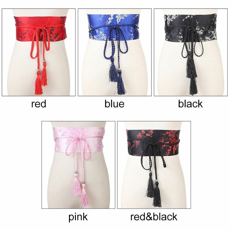 اليابانية واسعة مشد Cummerbunds كيمونو Bowknot حزام النساء Vintage الأزهار المطبوعة التعادل الساتان حزام الإكسسوارات
