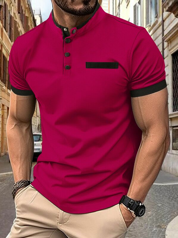 قميص بولو رجالي بأكمام قصيرة منقوش بأزرار ، ياقة قائمة ، أحادي اللون ، موضة صيفية ، جودة عالية ، جديد