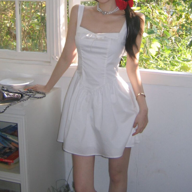فستان نسائي صغير أبيض جمالي ، فساتين حفلات أنيقة ، قصيرة ، بلا أكمام ، عارية الذراعين ، مثير ، حلو ، عتيق ، Y2K