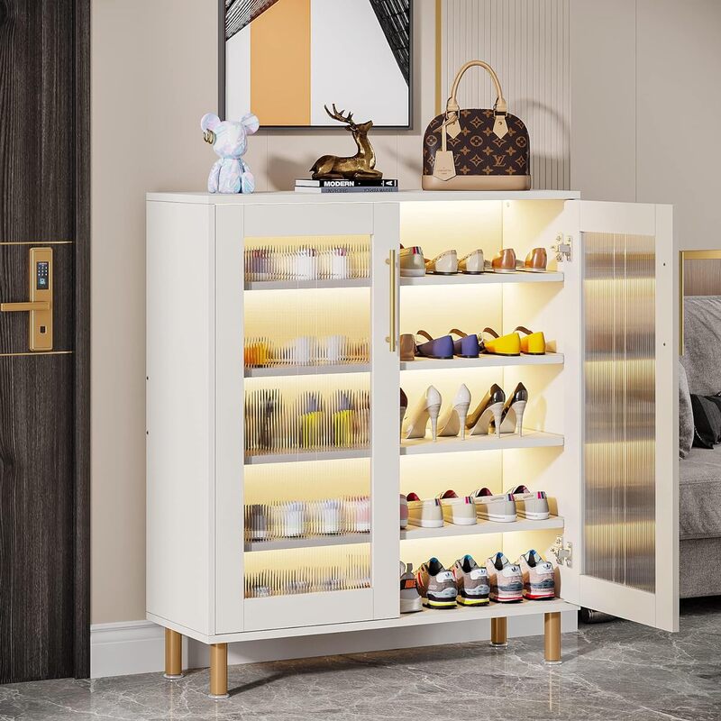 خزانة أحذية بأبواب أكريليك وإضاءة ليد ، منظم أحذية ، رف تخزين ، أرفف قابلة للتعديل للخزانة ، 24 زوجًا ، 5 طبقات