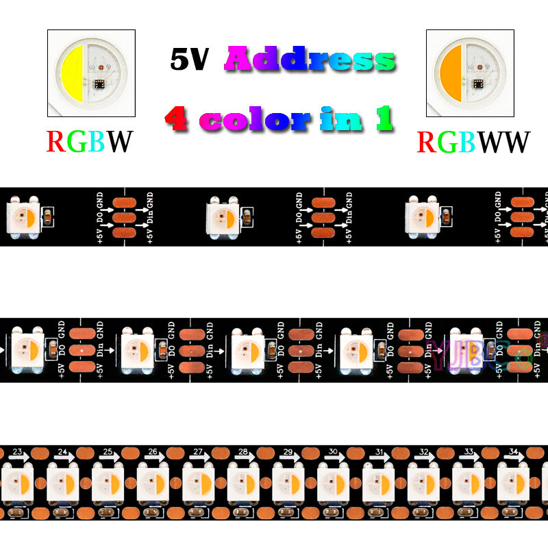 شريط إضاءة ليد قابل للعنونة ، شريط مصباح مرن ، 4 ألوان في 1 ، RGBW ، RGBWW ، SMD ، RGB + WW ، IC ، SK6812 ، 30 ، 60 ، LED ، m ، 5 فولت