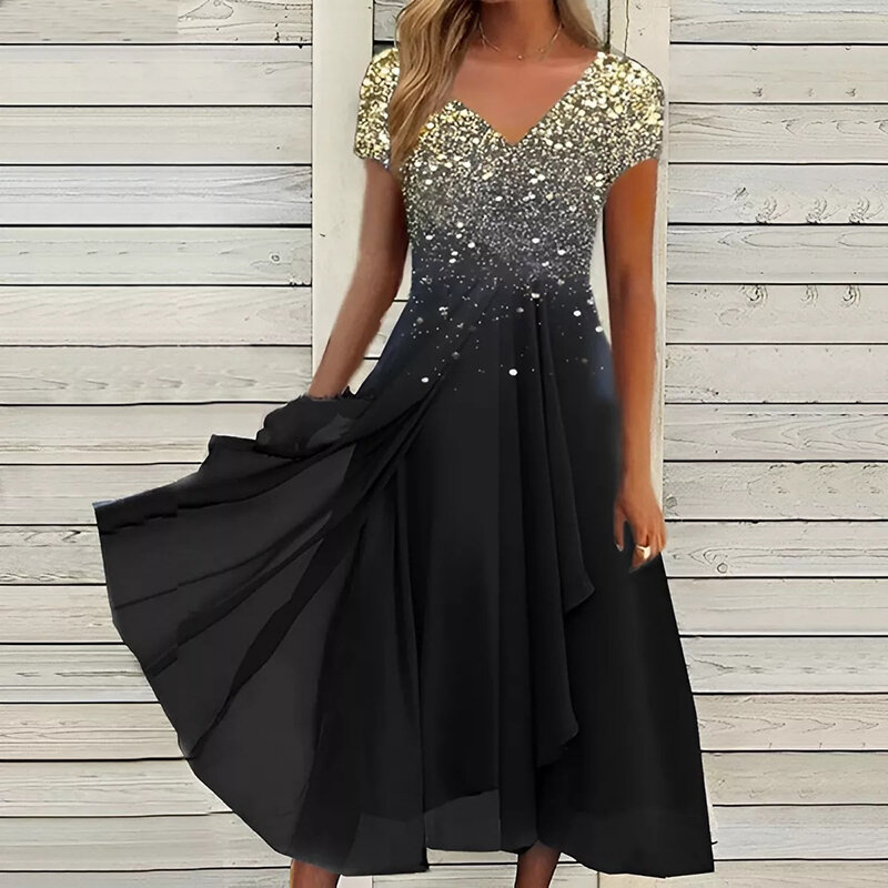 فستان شيفون نسائي مثير بياقة على شكل V وأكمام قصيرة مرقع فساتين حفلات قابلة للتمدد فستان سهرة متدرج اللون مزين بالدانتيل