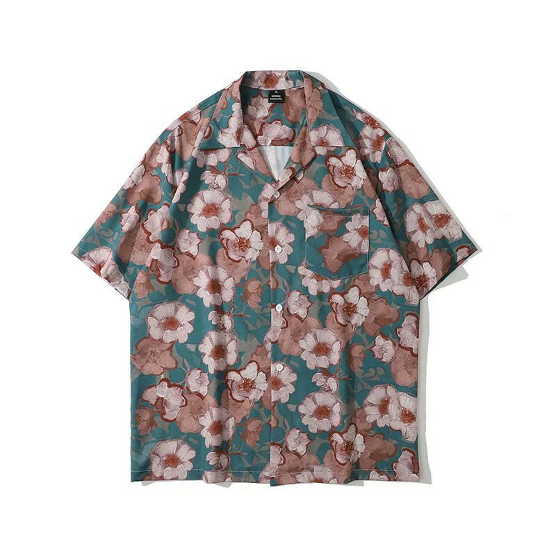 قمصان الرجال الصيفية الرجعية المصنوعة من الزهور ، قمصان هاواي الأنيقة اليابانية ، هاراجوكو ، قمصان الرجال الراقية ، قمصان الرجال