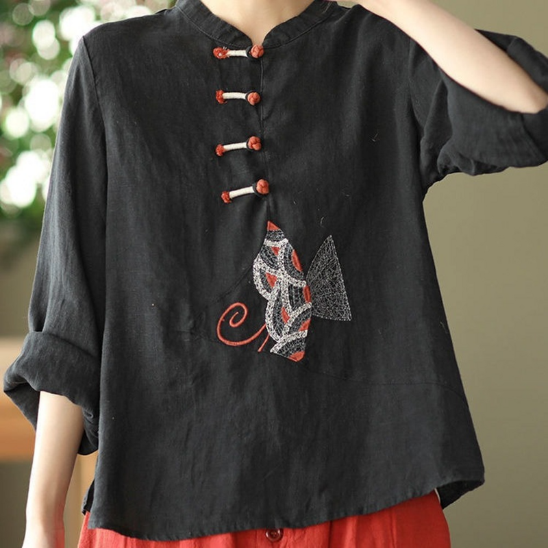2023 النمط الصيني قميص حجم كبير 3XL الملابس التقليدية للنساء الكتان التطريز القمم الإناث الرجعية فضفاض Hanfu بلوزة