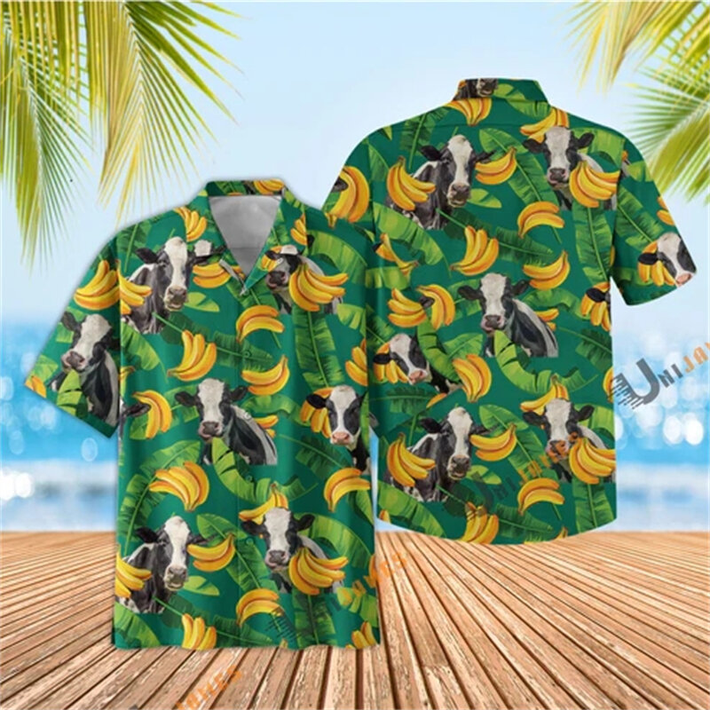 قمصان شاطئية ثلاثية الأبعاد للرجال من هاواي بطباعة بقرة ، قميص برسومات زهور مضحكة للبقر ، بلوزات الأغنام الحيوانية ، ملابس قصيرة الأكمام