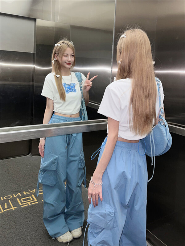 QWEEK الكورية نمط الأزرق البضائع السراويل النساء Y2K الشارع الشهير الرجعية واسعة الساق المظلة السراويل كبيرة الحجم هاراجوكو جيوب بنطلونات