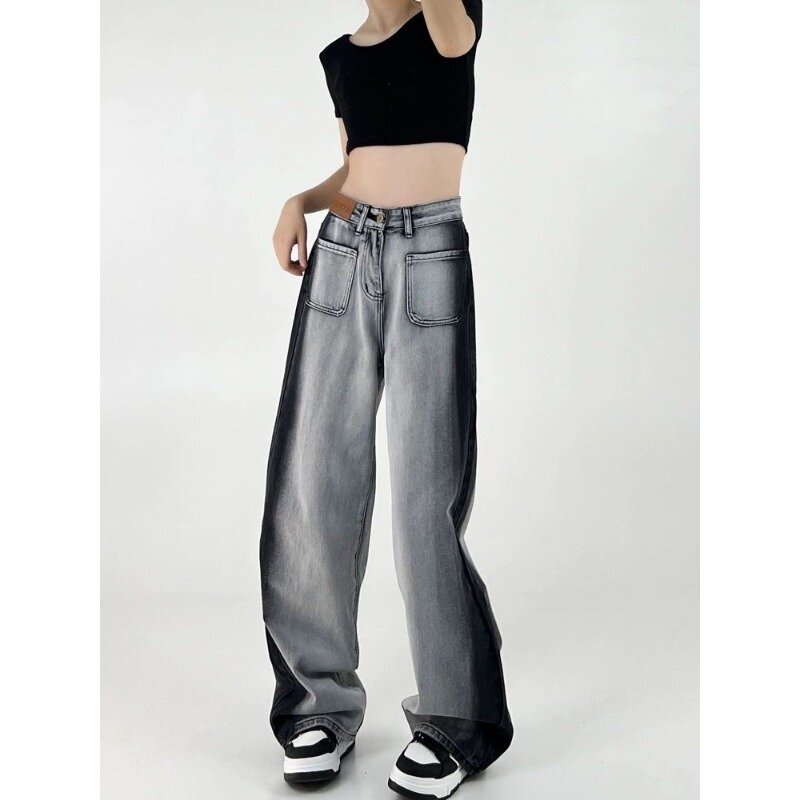 QWEEK-بنطال جينز كبير الحجم للنساء ، بنطلون فضفاض كلاسيكي ، ملابس شارع جمالية تقسم ، موضة كورية ، هاراجاكي ، Y2k ، ربيع
