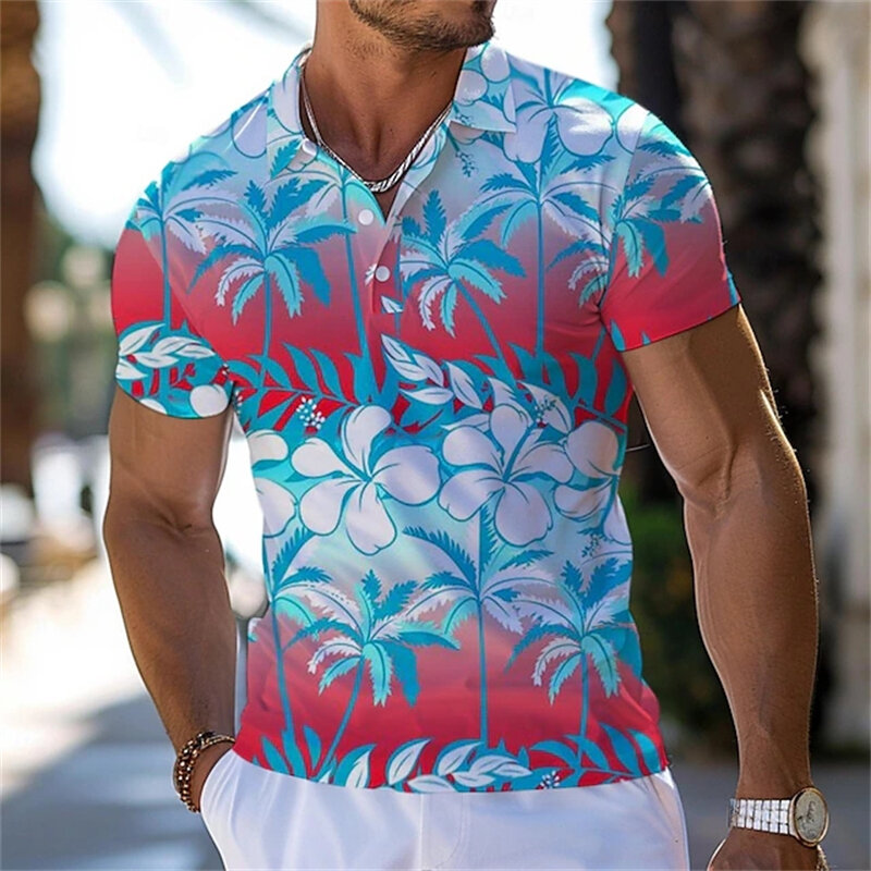 قميص بولو هاواي رجالي مطبوع ثلاثي الأبعاد ، قميص رجالي لشجرة النخيل ، عطلة ، عطلة ، شاطئ ، قمم قصيرة الأكمام ، تيشيرتات جيدة التهوية ، ملابس عطلة