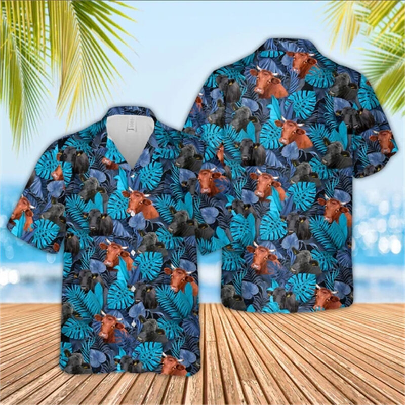 قمصان شاطئية ثلاثية الأبعاد للرجال من هاواي بطباعة بقرة ، قميص برسومات زهور مضحكة للبقر ، بلوزات الأغنام الحيوانية ، ملابس قصيرة الأكمام