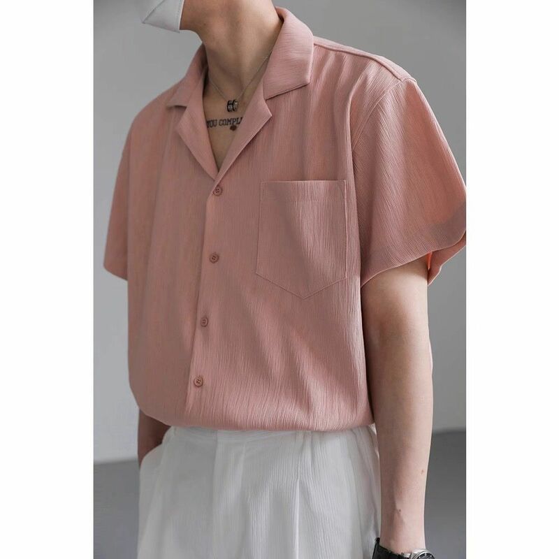 قميص رجالي بياقة كوبية راقية ، قميص بأكمام قصيرة ، قميص صيفي ، أزرار كورية فضفاضة ، قميص خالي من الحديد ، ملابس عصرية