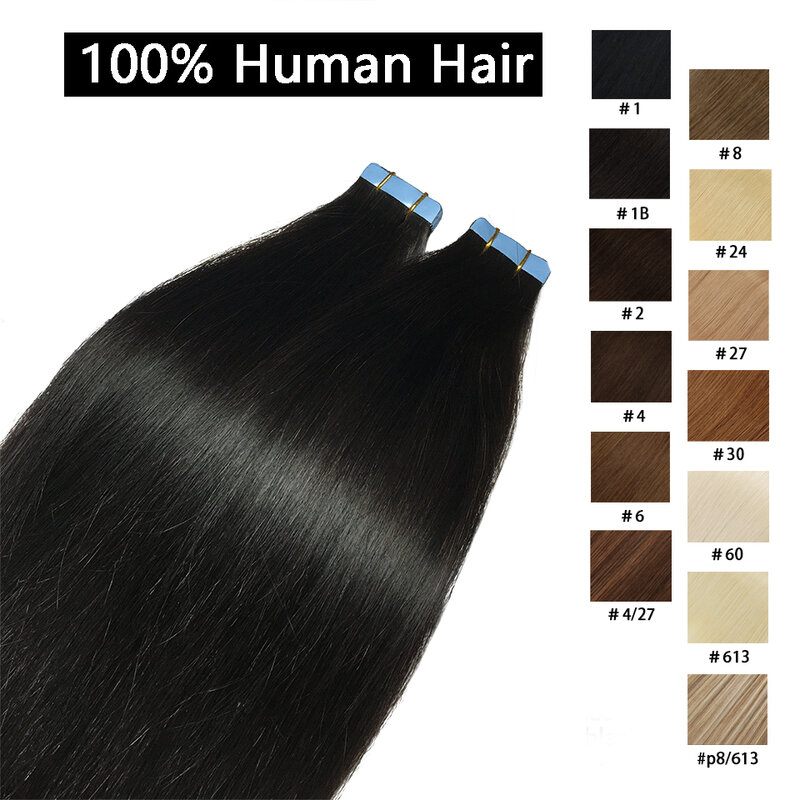 الشريط في وصلات شعر طبيعي مفرود الشعر البرازيلي لاصق ملحقات الجلد لحمة أسود بني 100% شعر بشري حقيقي للنساء