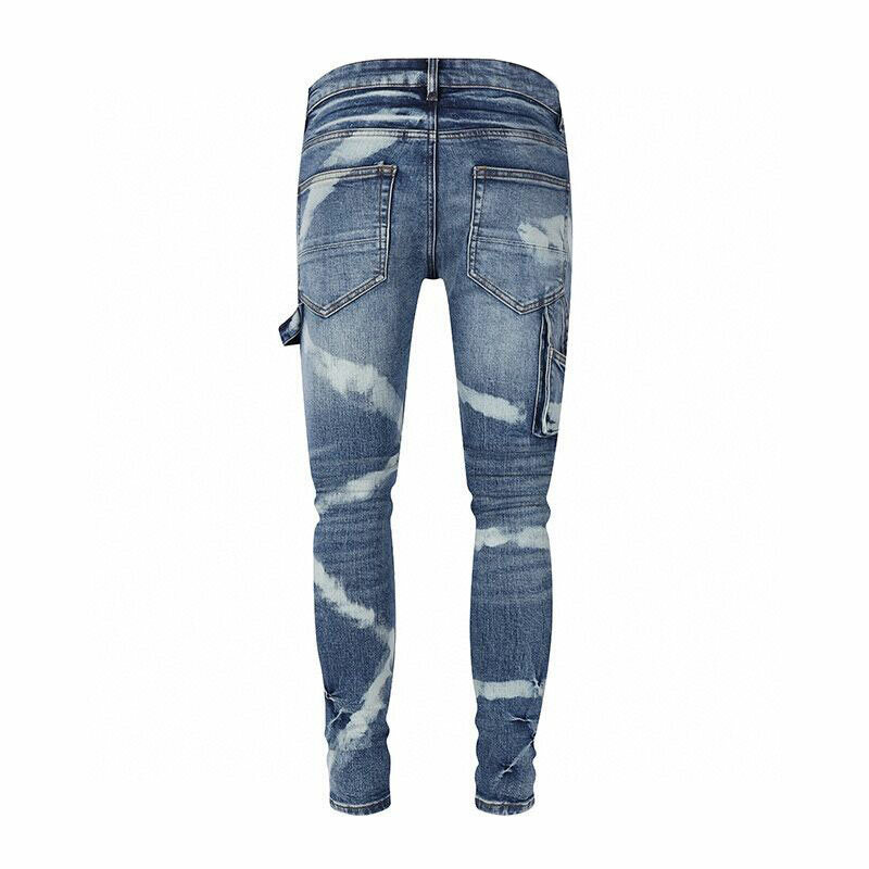 جينز رجالي ضيق مطاطي أزرق عتيق ، موضة الشارع ، جودة عالية ، باندنو ، هيب هوب ، جيوب متعددة ، سراويل ماركة مصمم