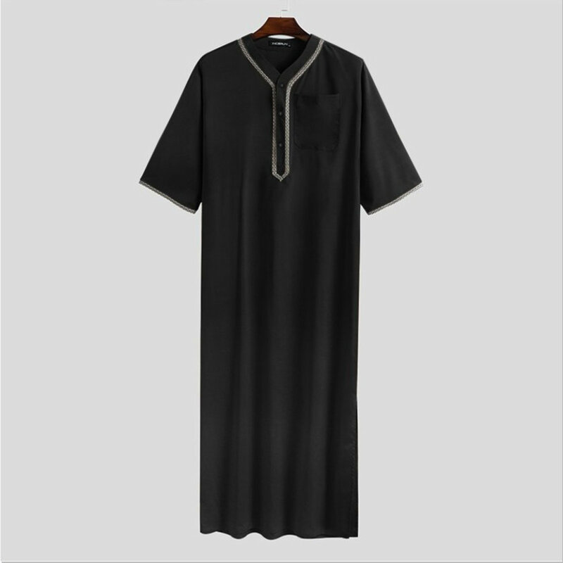 قميص رجالي إسلامي من Jubba Thobe بلون سادة بزر كيمونو متوسط الرداء السعودي Musulman ياقة قائمة قفطان عربي إسلامي للرجال عباية