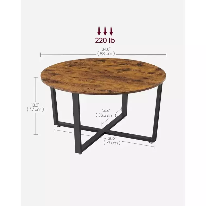 طاولة قهوة بنية ريفية لغرفة المعيشة ، طاولة طعام متينة بإطار معدني ، طاولة مستديرة ، ult88x 39.4X21.7X17.7 بوصة