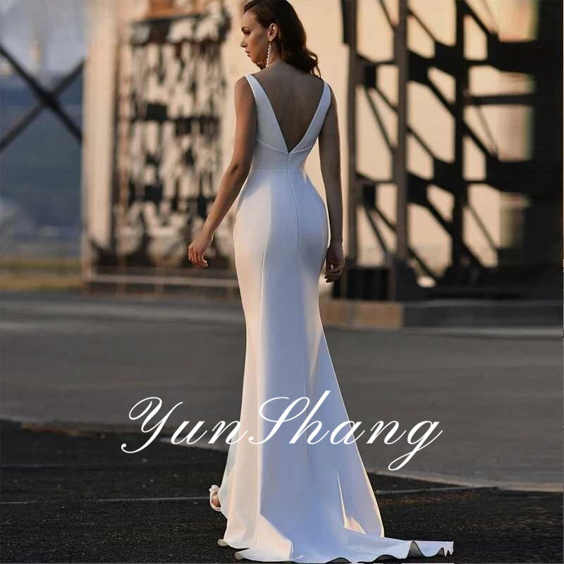 Yunshang-للمرأة فساتين زفاف حورية البحر بسيط, مفتوح الظهر, رقبة v, الأشرطة السباغيتي, ستان فستان الزفاف, سويب تراين
