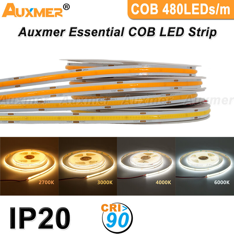 COB LED قطاع ضوء 480LEDs/م ، RA90 عالية الكثافة LED قطاع الشريط الشريط RA90 LED أضواء بيضاء عكس الضوء DC24V IP20